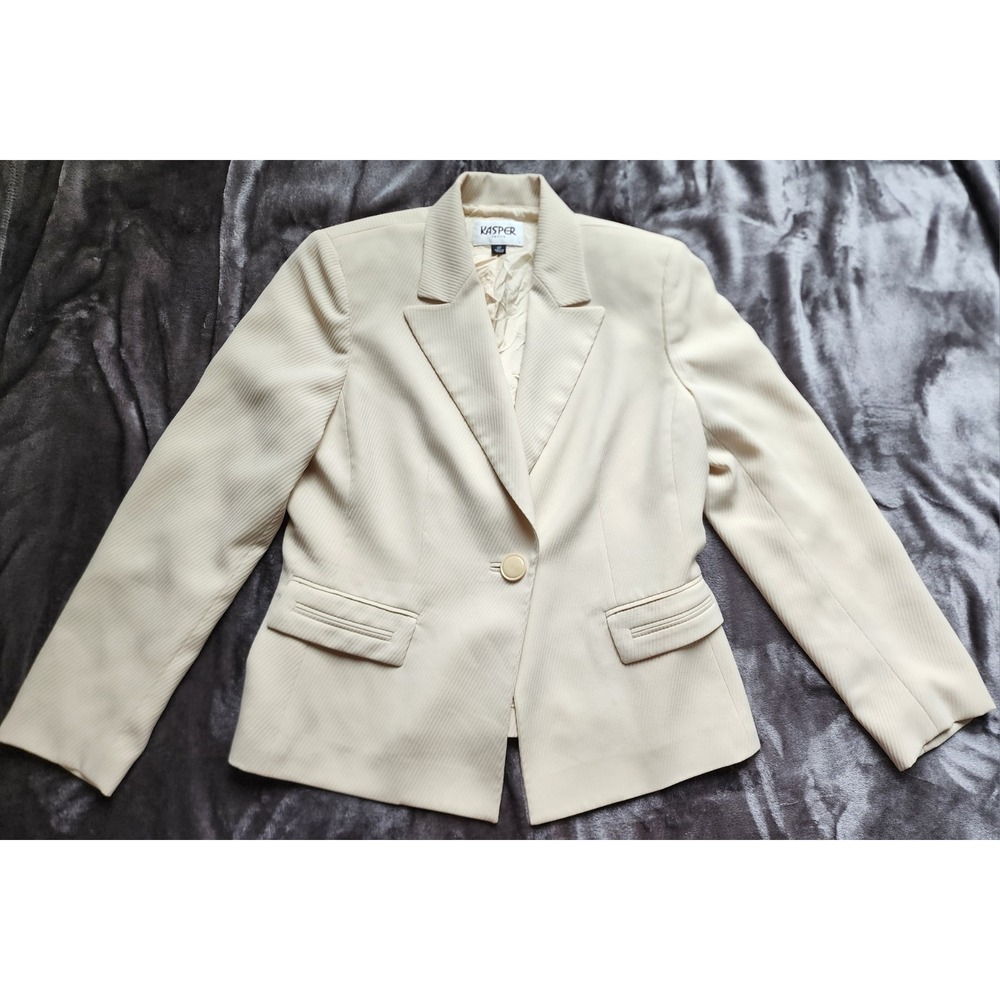 Kasper Vintage Cream Ribbed Blazer Womens 8P Ivory Single Button Jacket